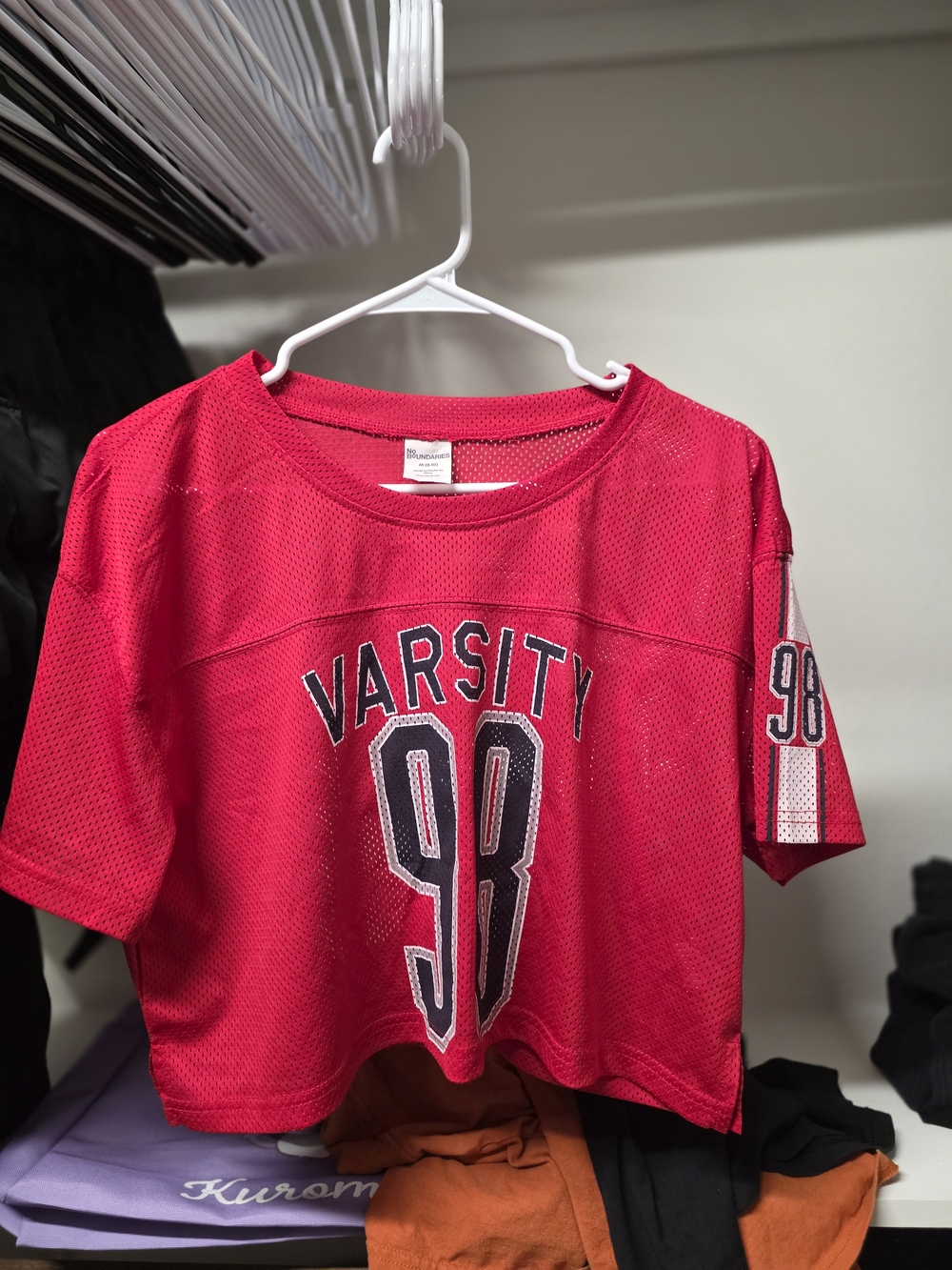 No Boundries Varsity 98 Red Mesh Crop Tee Womens